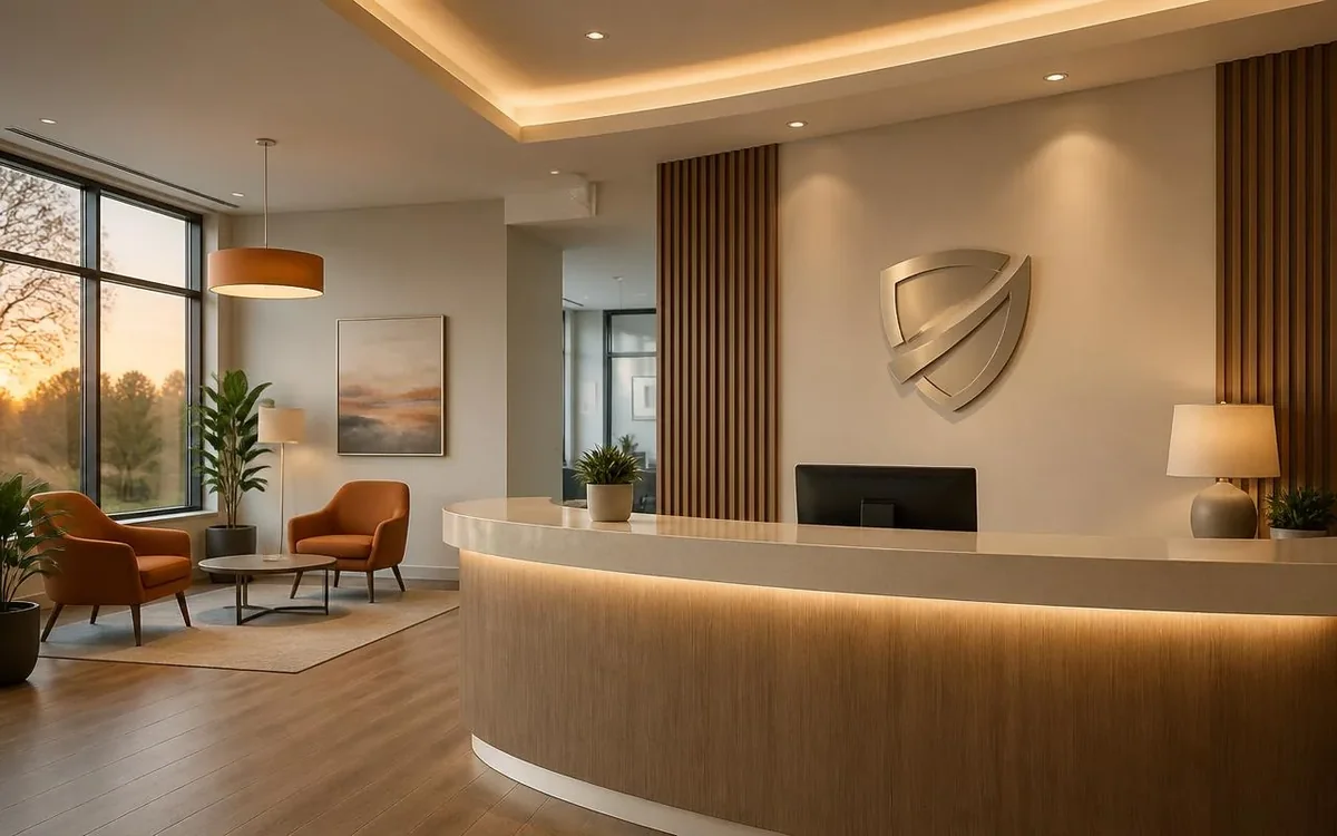 Bright independent agency front desk with warm evening light