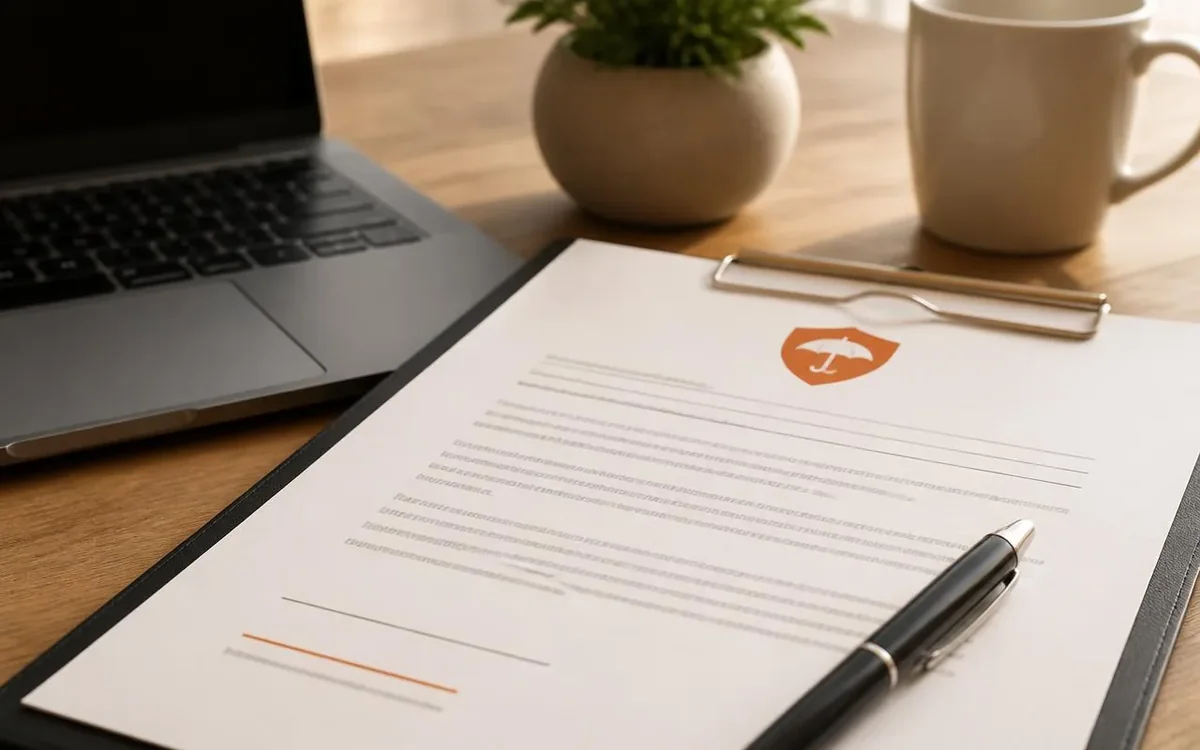 Clean contract and laptop on a warm desk